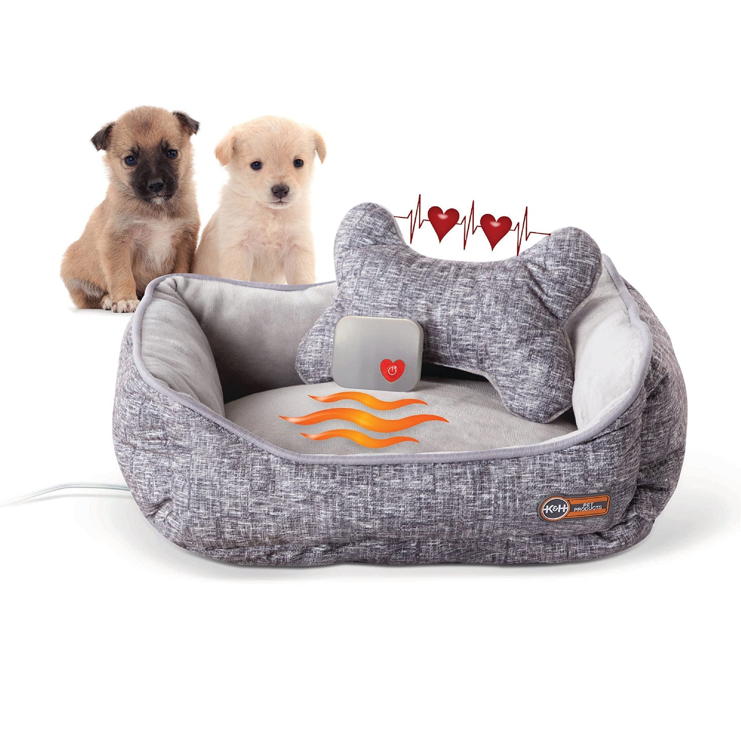 K&H Pet Products Mother's Heartbeat Heated Dog Bed with Bone Pillow Heartbeat Puppy Toy, New Puppy Essential Heated Puppy Bed + Dog Anxiety Toy - Gray 13 X 16 Inches w/ Medium Breed Heartbeat Rhythm