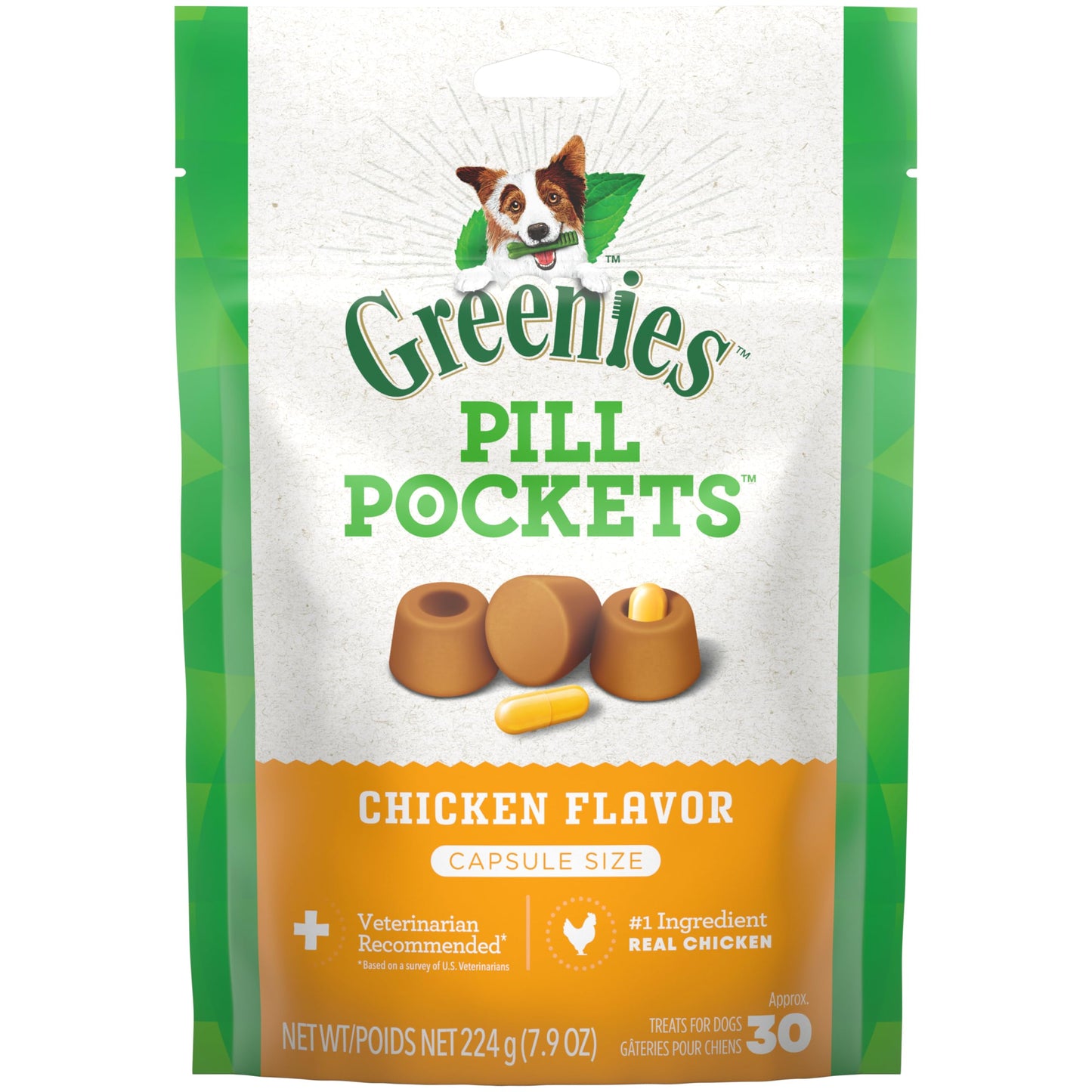 GREENIES PILL POCKETS for Dogs Capsule Size Natural Soft Dog Treats, Chicken Flavor, 7.9 oz. Pack (30 Treats)