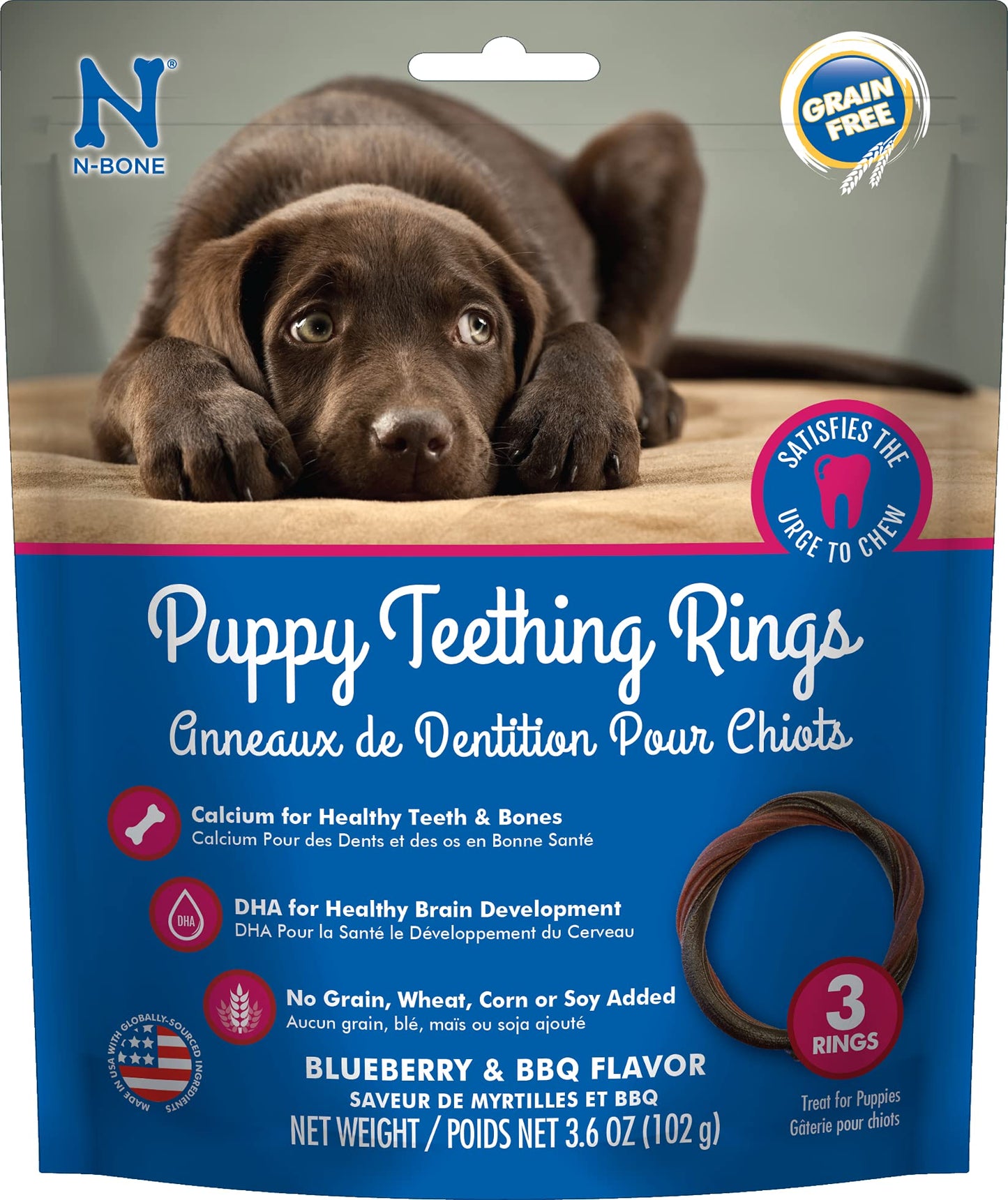 N-Bone Puppy Teething Rings Grain-Free Blueberry & BBQ Flavor Dog Treat, 3 Count Bag, 3.6-oz