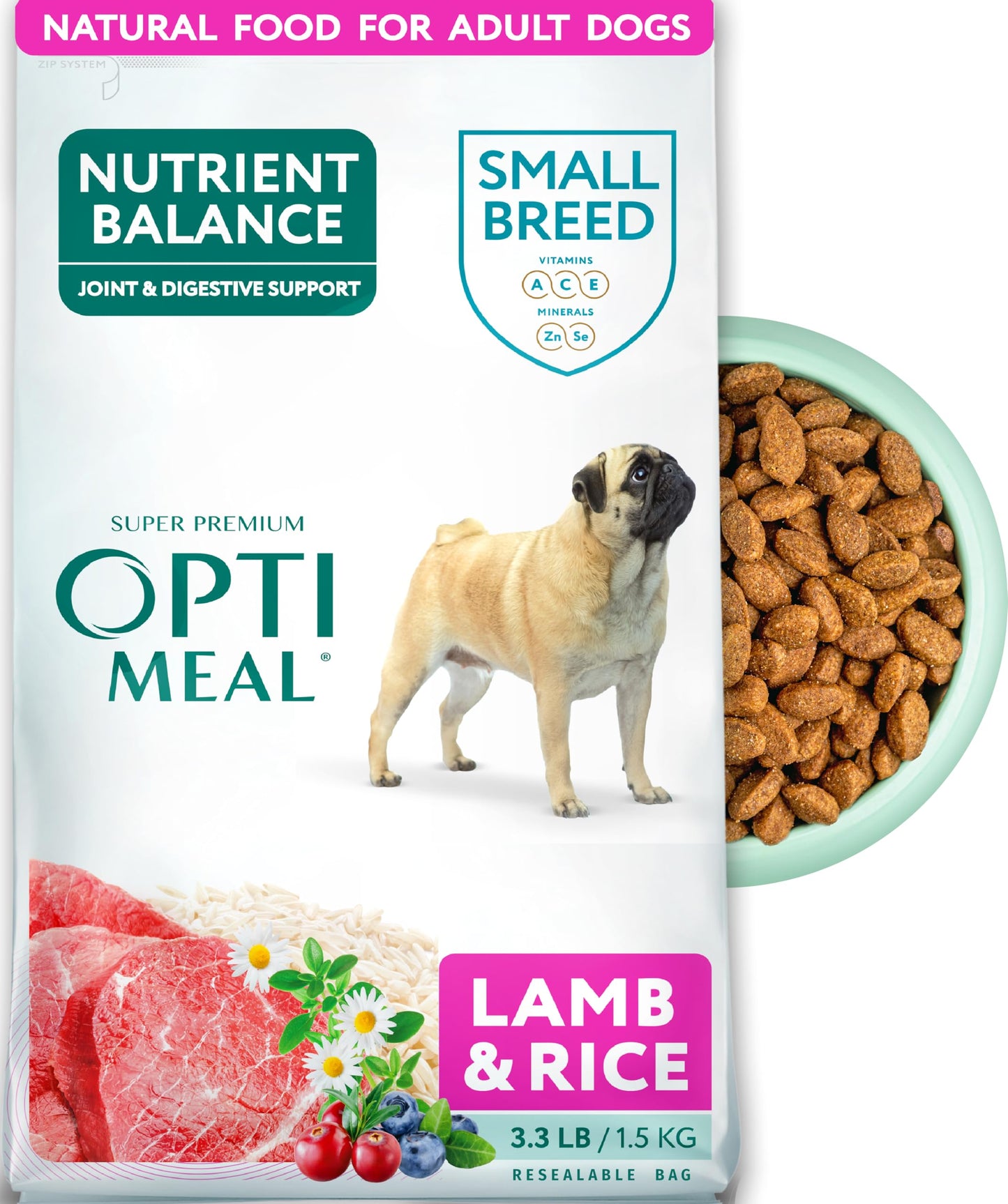 OPtimeal Small Breed Dog Food - Proudly Ukrainian - Nutrient Balance Dry Small Dog Food High-Protein to Support Healthy Digestion and Joint Health (3.3lbs, Lamb & Rice)