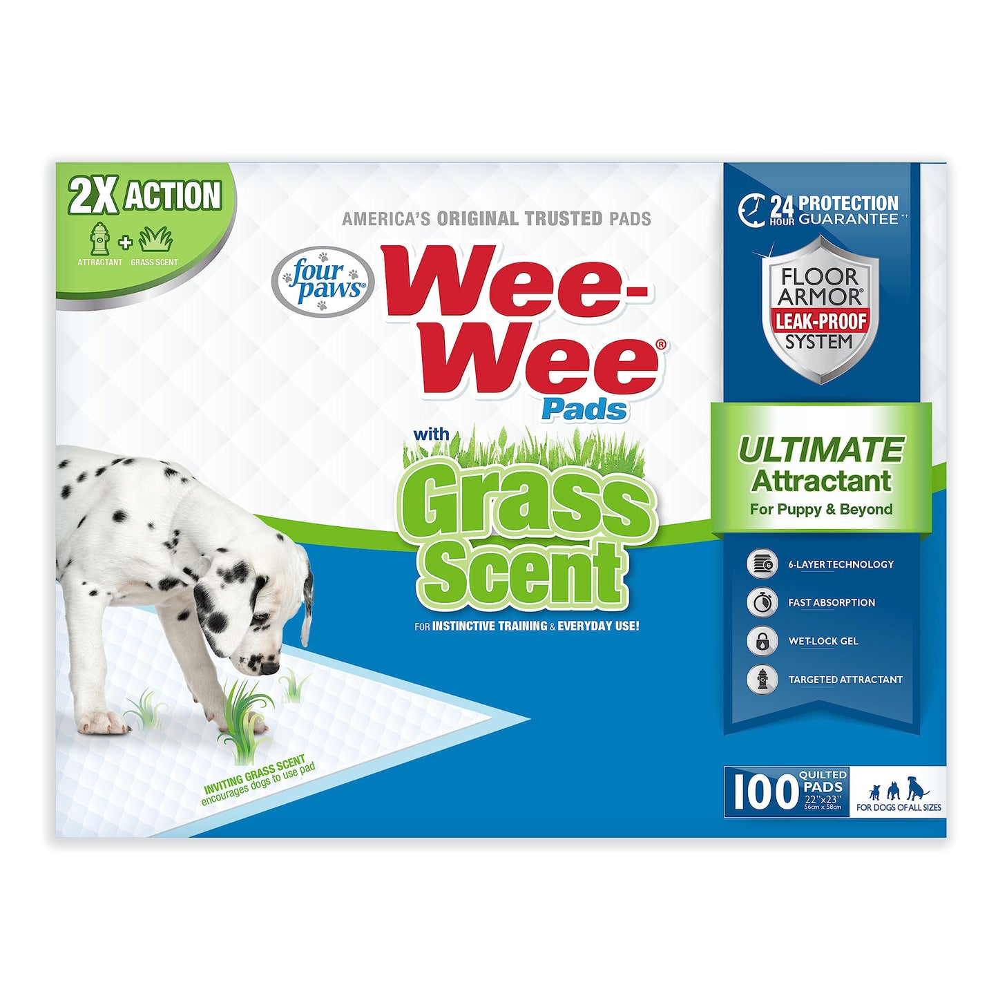 Four Paws Wee-Wee Ultimate Attractant Dog Pee Pads for Instinctive Training, Leak-Proof Floor Protection Dog & Puppy Quilted Potty Training Pads, Grass Scent, 22" x 23" (100 Count)