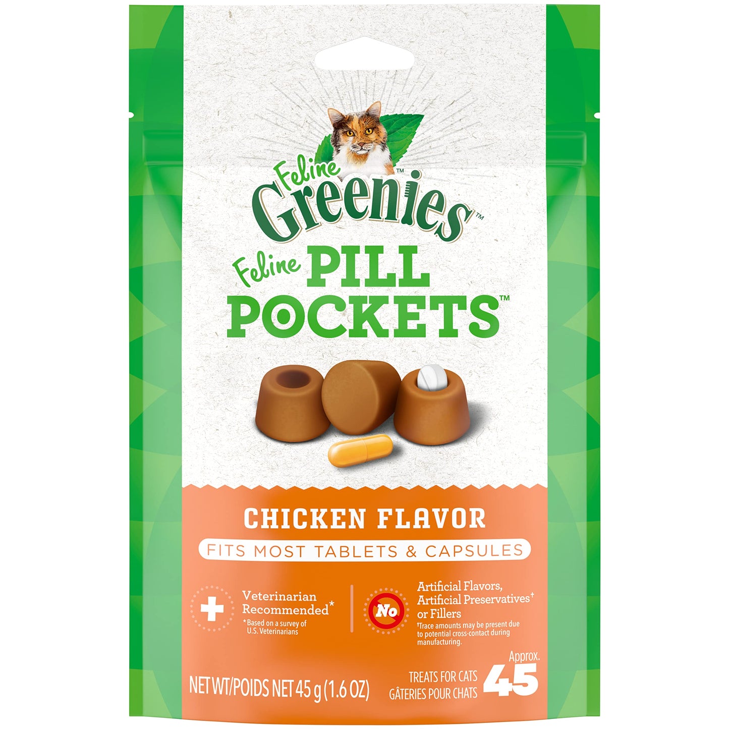 FELINE GREENIES PILL POCKETS for Cats Natural Soft Cat Treats, Chicken Flavor, 1.6 oz. Pack (45 Treats)