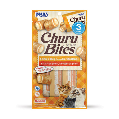 INABA Churu Bites for Cats, Soft Baked Chicken Churu Filled Cat Treats with Green Tea Extract, 0.35 Ounces Each Tube, 3 Tubes Total, Chicken Recipe