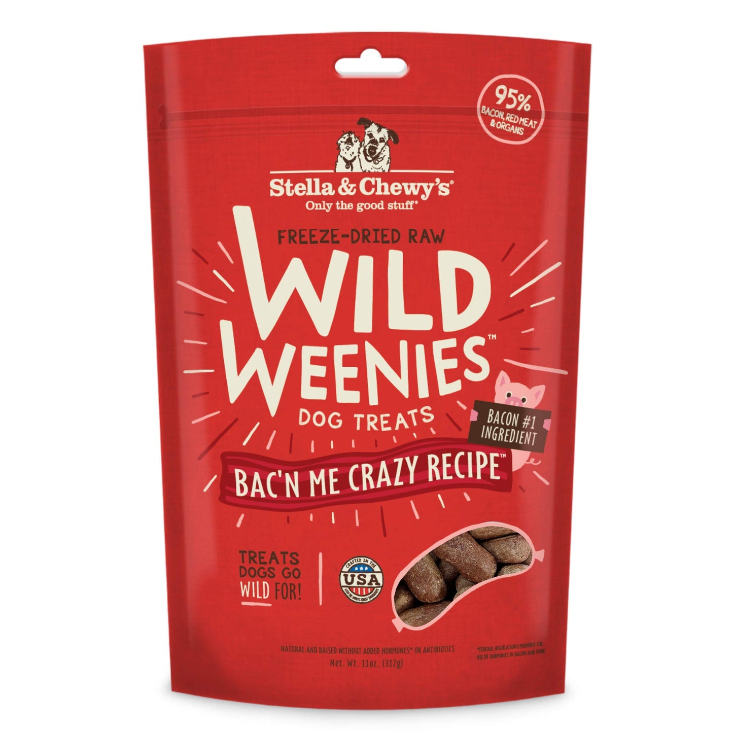 Stella & Chewy's Freeze-Dried Raw Wild Weenies Dog Treats - All-Natural, Protein Rich, Grain Free Dog & Puppy Treat - Great for Training & Rewarding - Bacâ€™n Me Crazy Recipe - 11 oz Bag