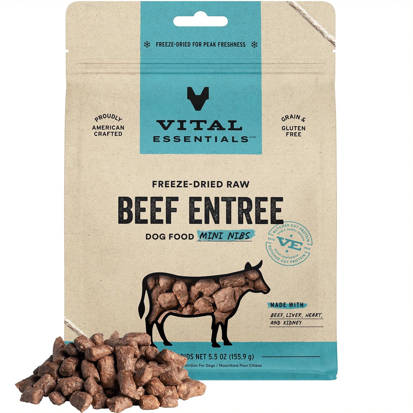 Vital Essentials Freeze Dried Raw Dog Food, Beef Mini Nibs Entree, 5.5 oz