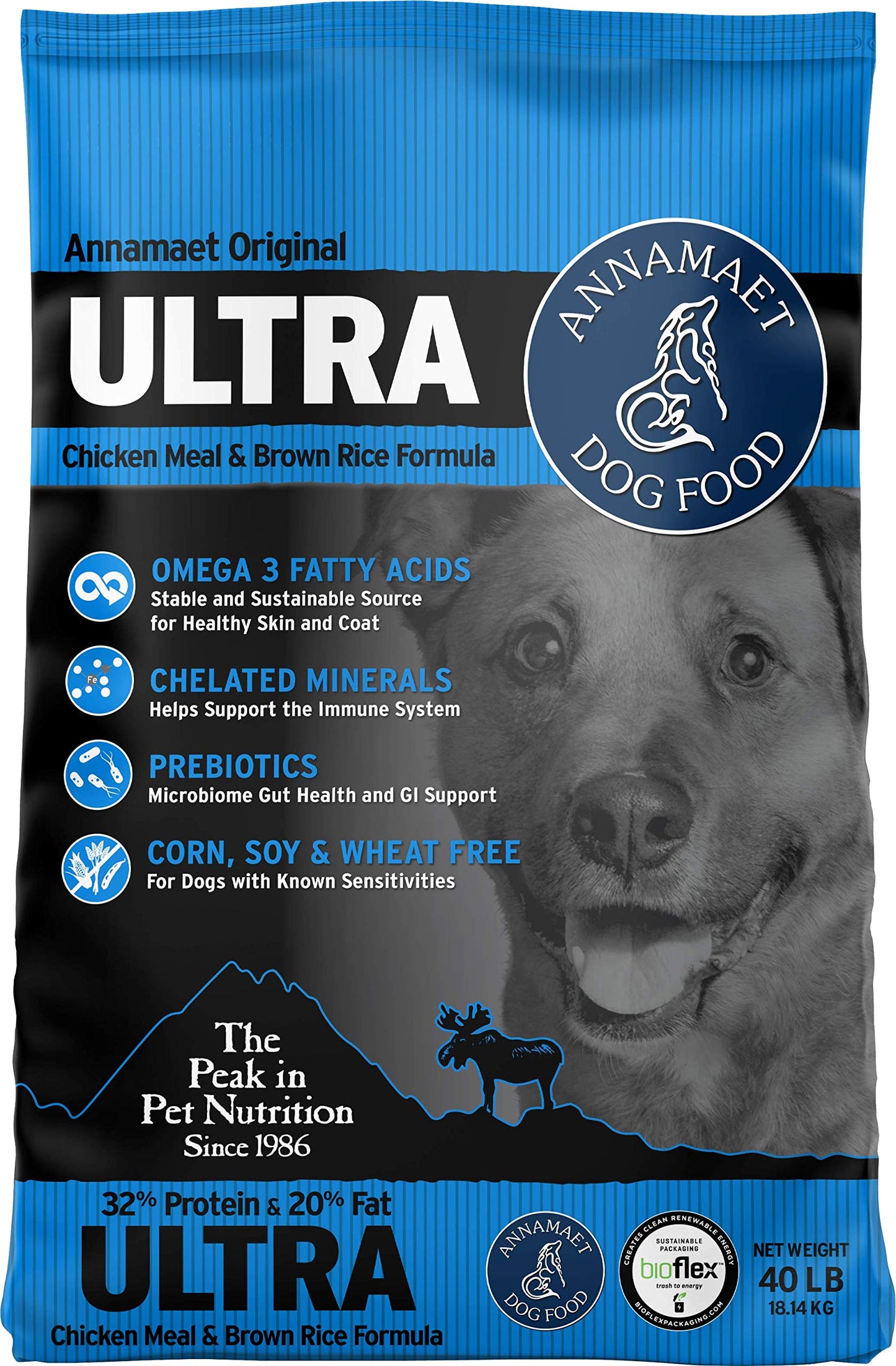 Annamaet Original Ultra Formula Dry Dog Food, 32% Protein (Chicken & Brown Rice), 40-lb bag