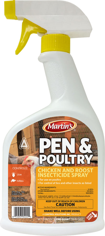 Front view of Martin's Pen & Poultry Chicken and Roost Insecticide Spray, one quart, white bottle with yellow cap and label.