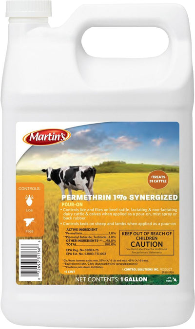 Front view of a white Martin's Permethrin 1% Synergized Pour-On container with a 1-gallon label.