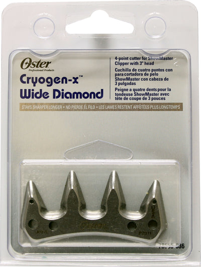 Packaged Oster Cryogen-x Wide Diamond 4-point cutter for ShowMaster Clipper with 3" head in clear plastic blister pack
