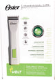 Packaged Oster Volt Lithium-Ion cordless clipper kit with white and green color scheme.