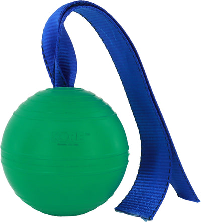 Green Petkore Equine Flex Ball with blue strap, close-up view