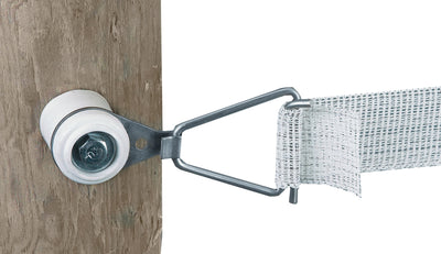 Close-up of a white Dare Electric Fence End Tension unit attached to wood with a metal bracket and white woven strap.