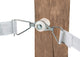 Close-up of a white Dare Electric Fence Corner Tension device attached to a wooden post with white mesh straps.