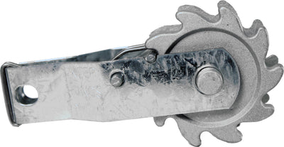 Close-up of a galvanized metal strainer with a gear-like wheel and visible "KEEP HANDS" text.