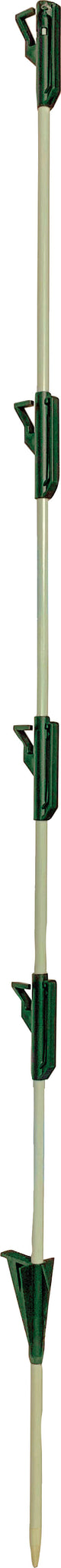 Green Dare Garden Step In Post, 4 ft, front view, close-up of single post with green plastic clamps and beige shaft