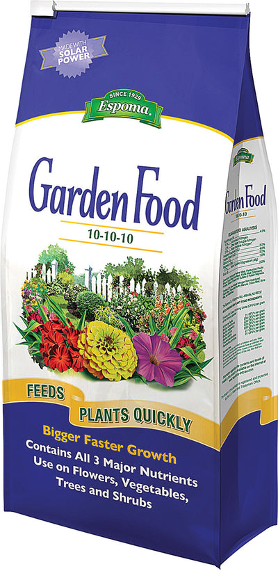 Front view of a blue and white packaged product labeled Espoma Garden Food 10-10-10 with floral imagery.