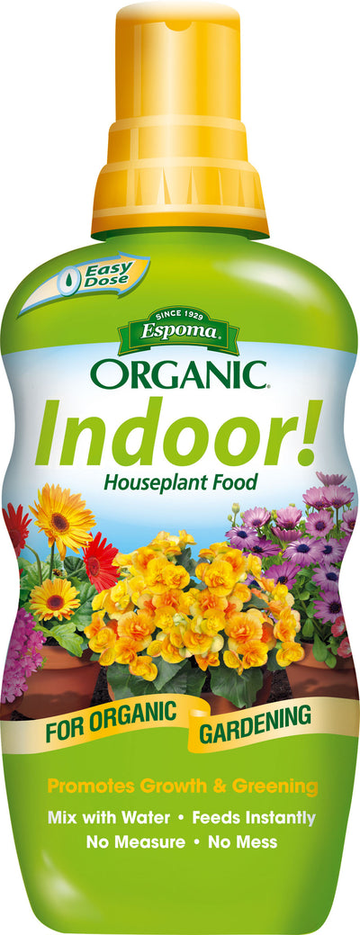 Green bottle with yellow cap labeled Espoma Organic Indoor! Houseplant Food, front view, packaged product