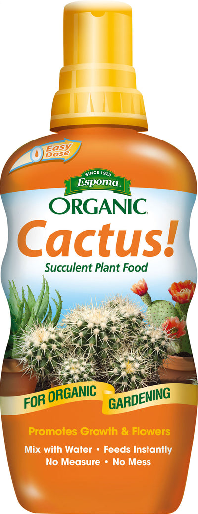 Front view of Espoma Organic Cactus! Succulent Plant Food bottle with orange label and yellow cap.