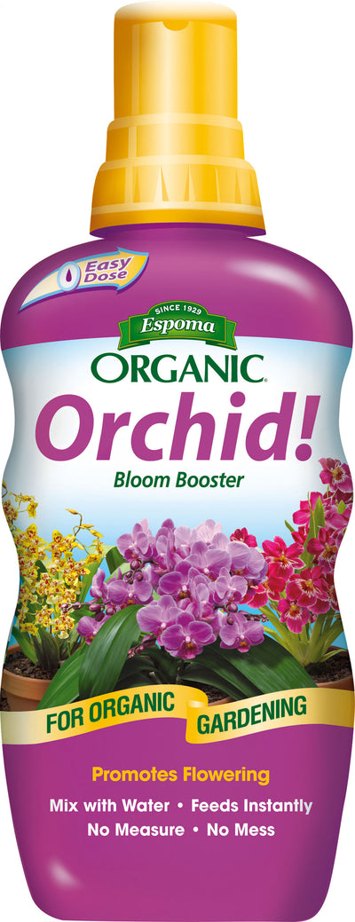Front view of a purple and yellow packaged product labeled Espoma Organic Orchid Bloom Booster.