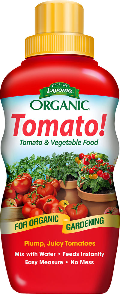 Red bottle of Espoma Organic Tomato! liquid plant food with yellow cap and tomato images on label