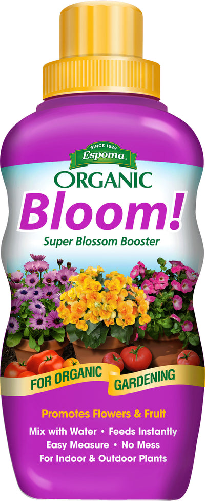 Front view of a purple bottle with yellow cap labeled Espoma Organic Bloom! Super Blossom Booster for organic gardening.