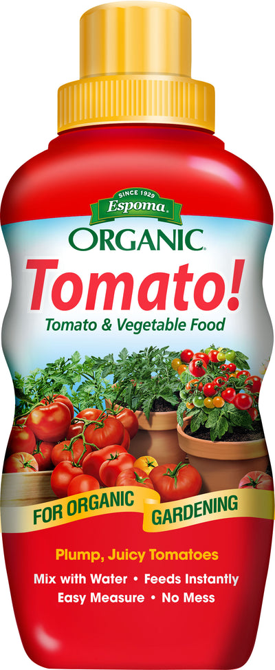 Front view of a red bottle with yellow cap labeled Espoma Organic Tomato! Liquid Plant & Vegetable Food.