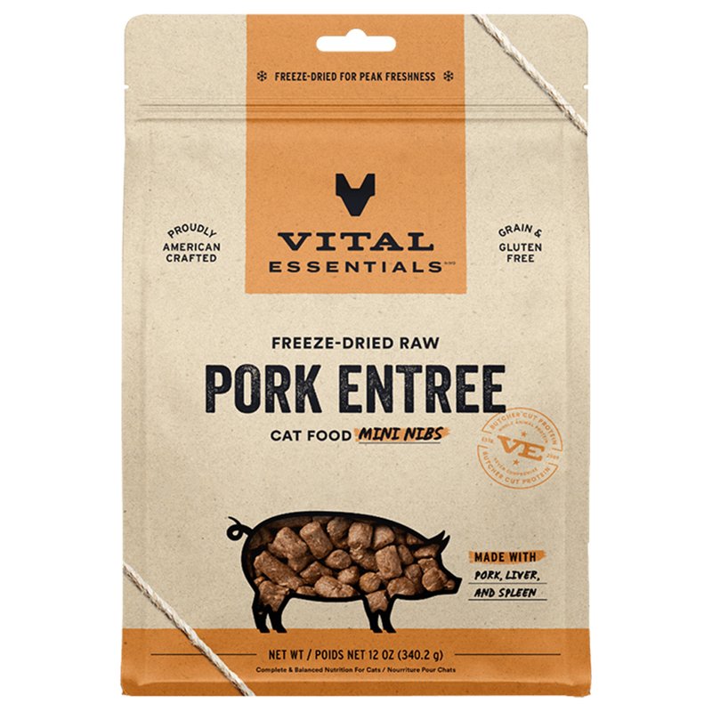 Vital Essentials Freeze Dried Raw Cat Food, Pork Mini Nibs Entree, 12 oz