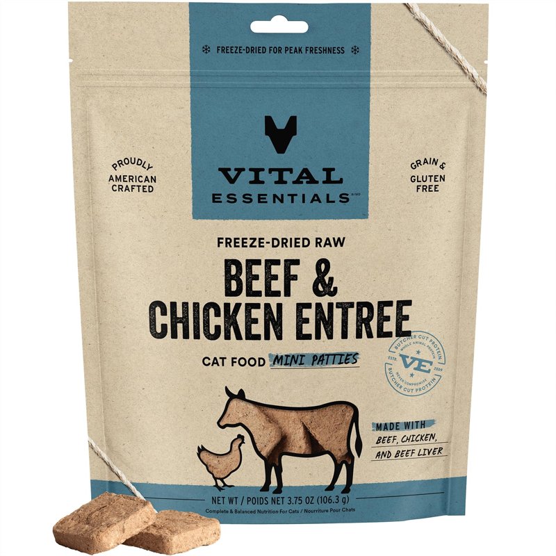 Vital Essentials Freeze Dried Raw Cat Food, Beef & Chicken Mini Patties Entree, 3.75 oz