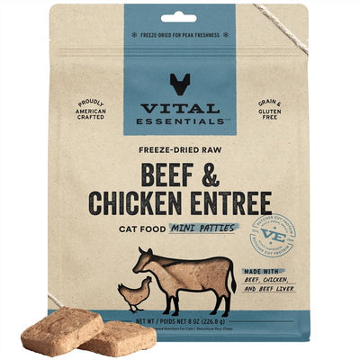 Vital Essentials Freeze Dried Raw Cat Food, Beef & Chicken Mini Patties Entree, 8 oz