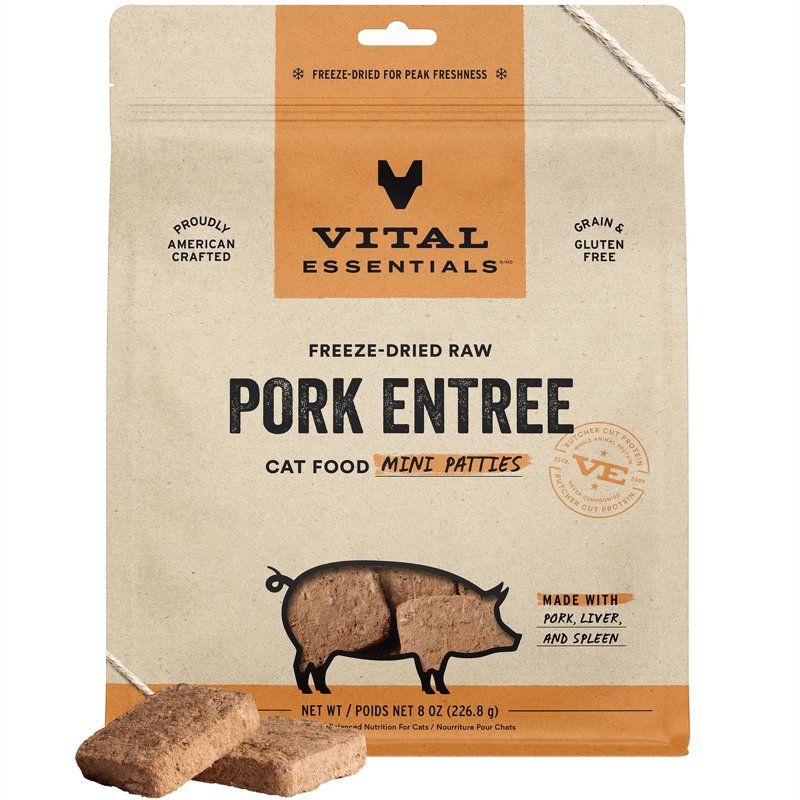 Vital Essentials Freeze Dried Cat Food, Raw Pork Mini Patties Entree 8 oz