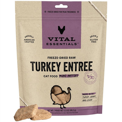 Vital Essentials Freeze Dried Raw Cat Food, Turkey Mini Patties Entree, 3.5 oz