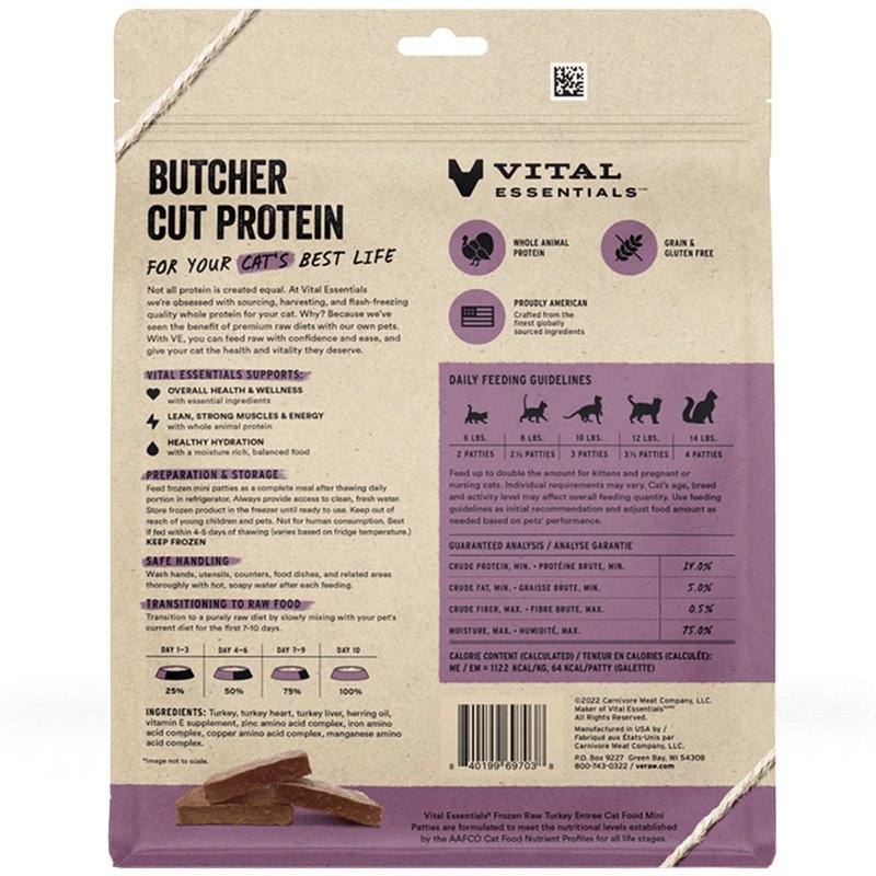 Vital Essentials Turkey EntrÃ©e Mini Patties Frozen Raw Cat Food