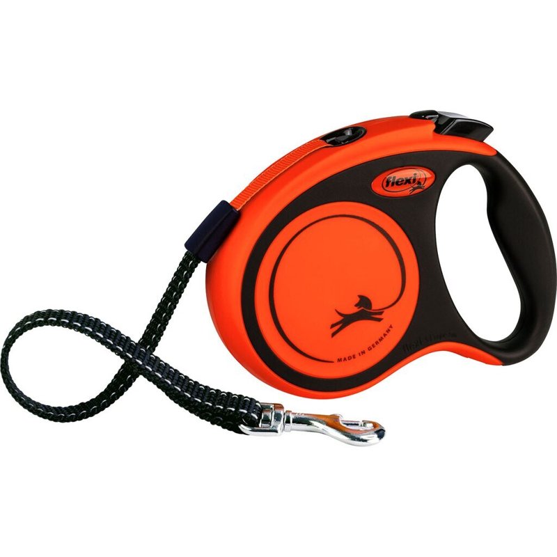 FLEXI New Classic Tape Retractable Dog Leash for Small Dogs Upto 44 lbs.- 16 ft.,Orange/Black | Tangle Free Pet Walking Leash with One-Handed Brake, Pause, Lock | German Quality Product