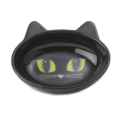 PetRageous 10011 Oval Frisky Kitty Stoneware Cat Bowl 5.5-Inch Wide and 1.5-Inch Tall Saucer with 5.3-Ounce Capacity and Dishwasher Safe is Great for Cats, Ceramic, Black