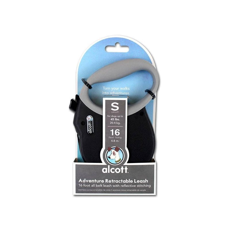 Alcott Adventure Retractable Reflective Belt Leash, 16' Long, Small for Dogs Up to 45 lbs, Black with Grey Soft Grip Handle,RLSH AA SM BK