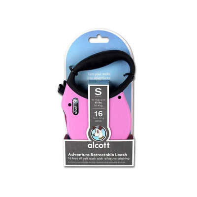 Alcott Adventure Retractable Reflective Belt Leash, 16' Long, Small for Dogs Up to 45 lbs, Pink with Black Soft Grip Handle,RLSH AA SM PK