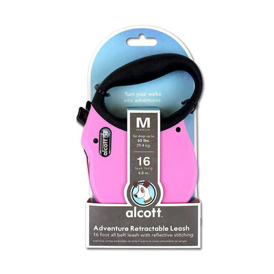 Alcott Adventure Retractable Reflective Belt Leash, 16' Long, Medium for Dogs Up to 65 lbs, Pink with Black Soft Grip Handle,RLSH AA MD PK