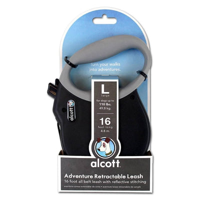 Alcott Adventure Retractable Reflective Belt Leash, 16' Long, Large for Dogs Up to 110 lbs, Black with Grey Soft Grip Handle,RLSH AA LG BK