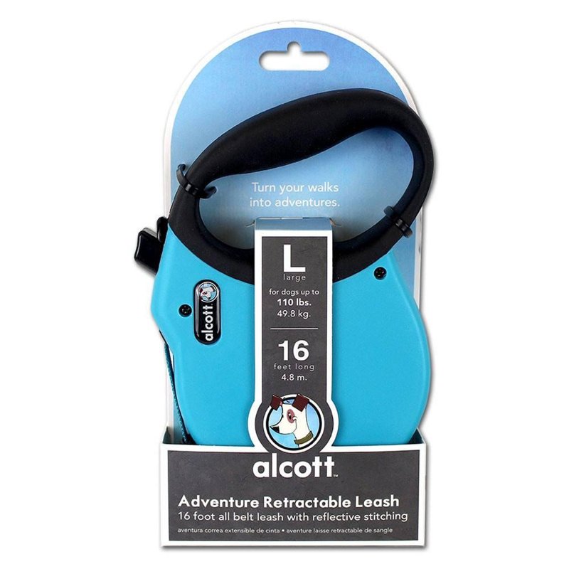 Alcott Adventure Retractable Reflective Belt Leash, 16' Long, Large for Dogs Up to 110 lbs, Blue with Black Soft Grip Handle,RLSH AA LG BL