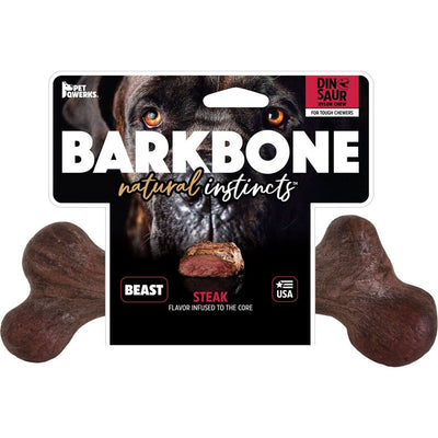 Pet Qwerks Dinosaur BarkBone - Nylon Dog Bone for Aggressive Chewers - Steak Flavor - 11"