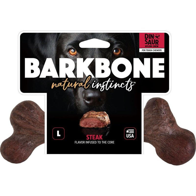 Pet Qwerks Dinosaur BarkBone - Nylon Dog Bone for Aggressive Chewers - Steak Flavor - 9.75"