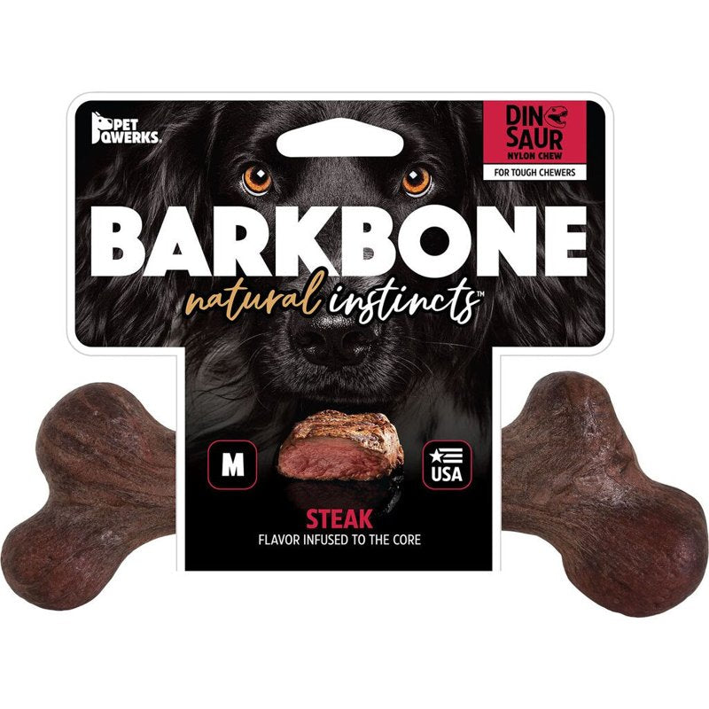 Pet Qwerks Dinosaur BarkBone - Nylon Dog Bone for Aggressive Chewers - Bacon Flavor - 9.75"