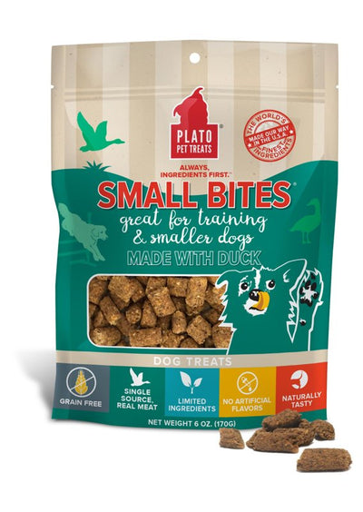 PLATO Small Bites Dog Treats, Natural Bite Sized Real Meat & Duck Flavor, Grain Free & High in Protein, Air Dried Authentic Ingredients, 2 Calories Per Treat, Made in the USA, 2.5 Ounces