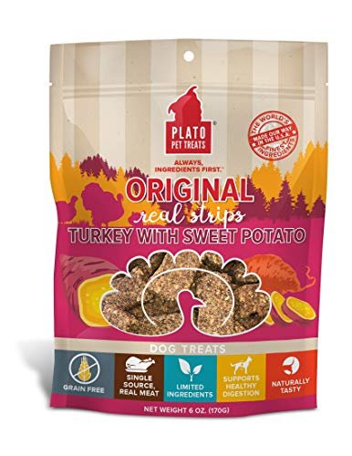 PLATO Turkey Real Strips Natural Dog Treats - Real Meat - Air Dried - Made in the USA - Turkey & Sweet Potato, 6 ounces