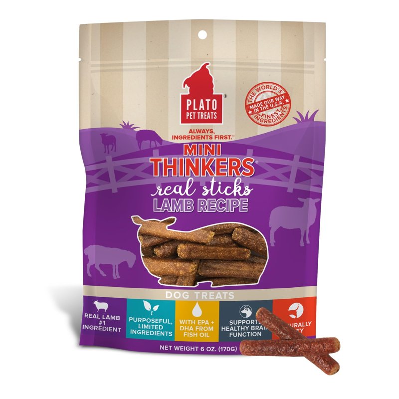 Plato Pet Treats Air Dried Dog Treats Lamb Mini Thinkers Sticks, Natural Dog Treats, Real Meat, Air Dried, Made in the USA, 6oz