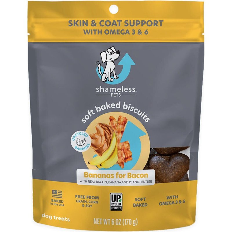 Shameless Pets Soft-Baked Dog Treats, Bananas for Bacon - Natural & Healthy Dog Chews for Skin & Coat Support with Omega 3 & 6 - Dog Biscuits Baked & Made in USA, Free from Grain, Corn & Soy - 1-Pack