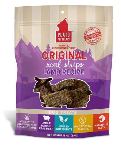 PLATO Original Real Strips Natural Dog Treats - Real Meat - Air Dried - Made in The USA - Lamb Flavor, 18 Ounces