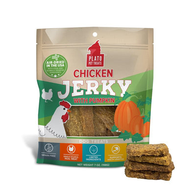 PLATO Pet Treats Air Dried, Real Meat, Chicken Jerky with Pumpkin Dog Treats, Made in The USA, Grain Free, 7oz