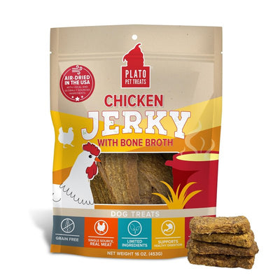 PLATO Pet Treats Air Dried, Real Meat, Chicken Jerky with Bone Broth Dog Treats, Made in The USA, Grain Free, 16oz