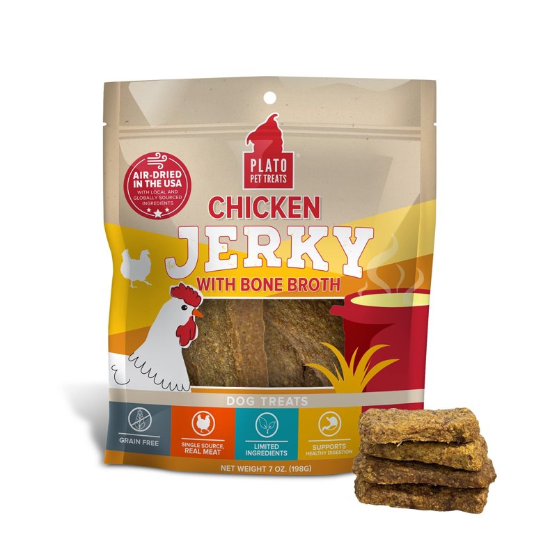 PLATO Pet Treats Air Dried, Real Meat, Chicken Jerky with Bone Broth Dog Treats, Made in The USA, Grain Free, 7oz